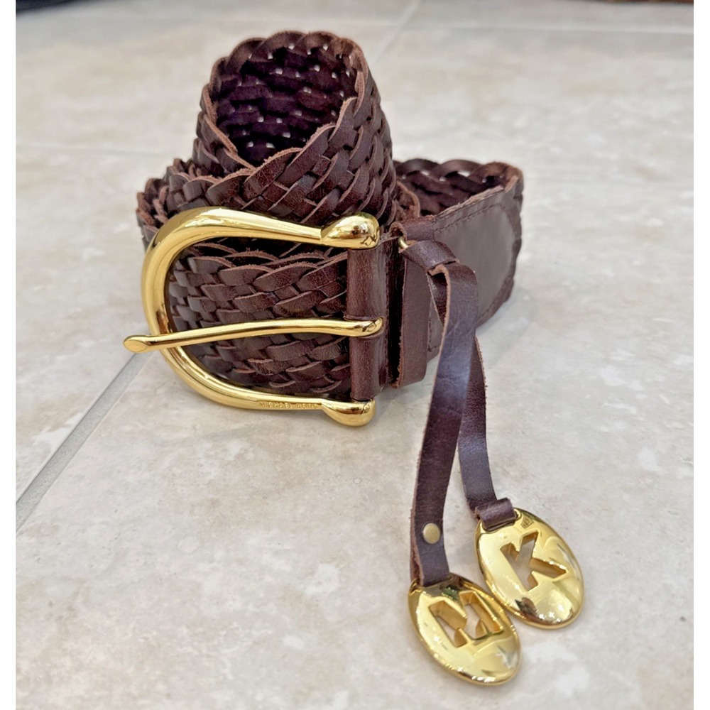 Michael Kors Brown Wide Braided Leather Belt Gold Tone Buckle XL Retro 553633